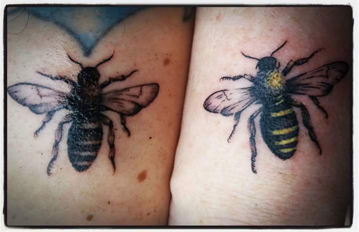 VioletAngel1's tweet photo. Our #BeeTattoos, by Arron, #VIPTattoo #Maidstone. All £s to #ManchesterArena victims &amp; families fund (@RitchyWMallery ) #OneLoveManchester https://t.co/X6lYQ3Qfgw