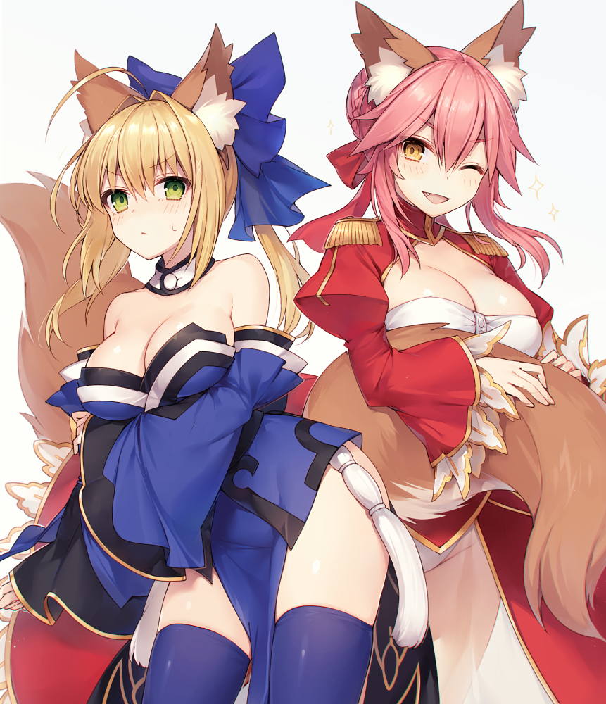 ネロ・クラウディウス(Fate) ,赤セイバー ,キャスター(Fate/EXTRA) 「ネロと玉藻で衣装チェンジー!EXTELLA特典のタペが素晴らしかったので… 」|むりょのイラスト