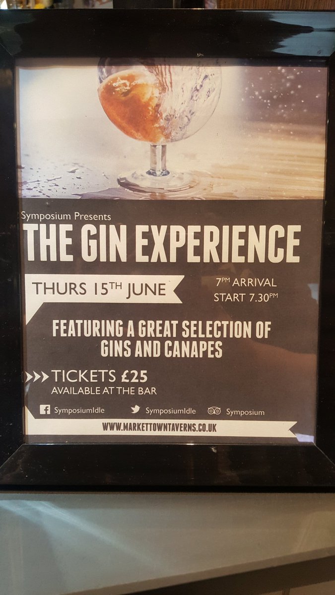symposiumidle's tweet photo. There's a few tickets left for our gin tasting next Thursday, 6 different gin and tonics to try alongside some canapés. Book at the bar. https://t.co/TbzL6Ffi5g