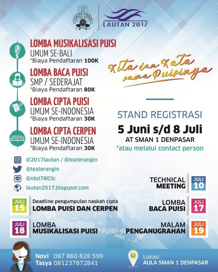 untuk info lebih lanjut silahkan kunjungi website kami: lautan2017.blogspot.co.id atau menghubungi kontak yang tertera. Salam Sastra!