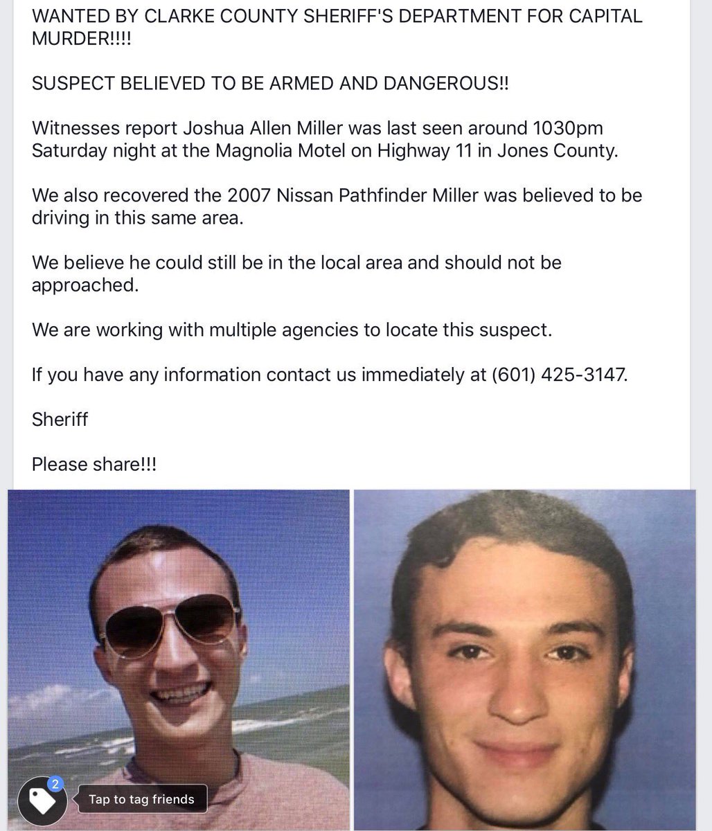 RyanMooreMS's tweet photo. WANTED: Capital murder suspect spotted in Jones County, armed &amp; dangerous---call local law enforcement immediately if spotted: https://t.co/JszcuBi6za