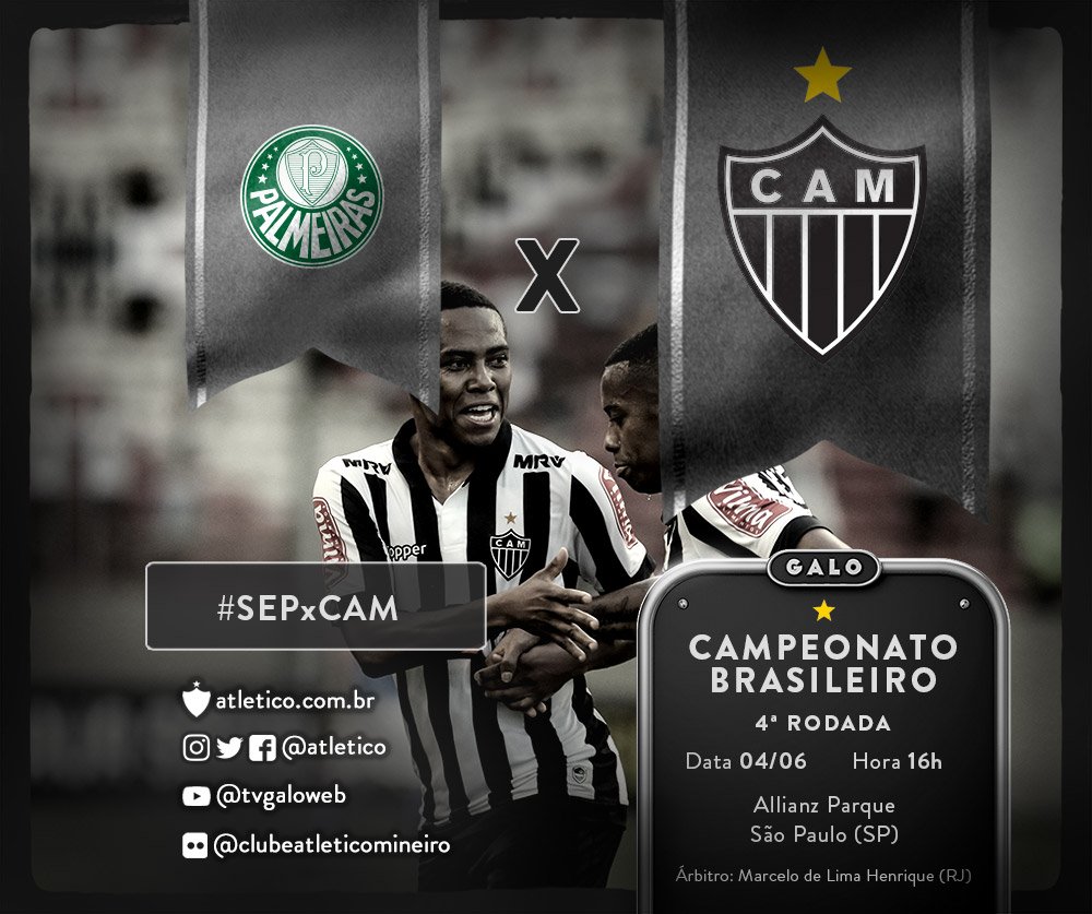 Atletico's tweet photo. HOJE TEM GALO! Atlético enfrenta o Palmeiras, em SP, pelo Brasileirão! Acompanhe o jogo pelo @atletico e use a tag #SEPxCAM! Vamos, #Galo! https://t.co/wtlvWJ0Fs7