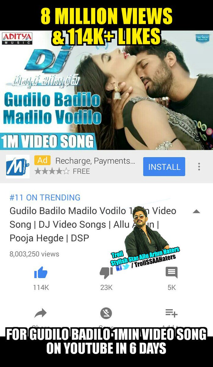 Hail_AlluArjun's tweet photo. @GouseJilaniAA @alluarjun @hegdepooja @harish2you @ThisIsDSP #DJsecondSingle hits 8 Million views (114K+Likes) in just 6 days👌👌
#duvvadajagannadham
@alluarjun @harish2you 
#8MViewsForDJSecondSingle https://t.co/IvbD4AsiKH