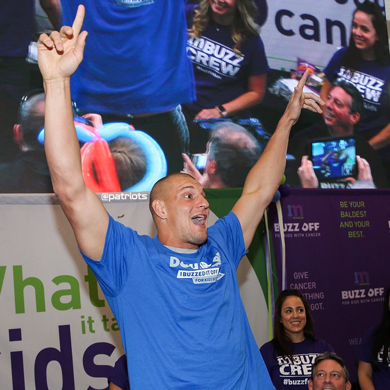 Patriots's tweet photo. That feeling when you get your hair buzzed off to help kids with cancer. #BuzzForKids https://t.co/RPgVl8fDon