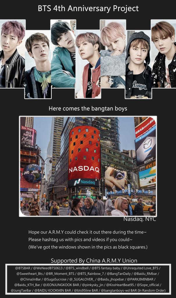 Sweetheart_Bts's tweet photo. 💞BTS 4th Anniversary Project💞
Time：6.10-6.16
✨Location：NYC Times Square NASDAQ screen
#2017BTSFESTA #BTS #방탄소년단  
#ChinaARMYunion https://t.co/tM9XrixAK2