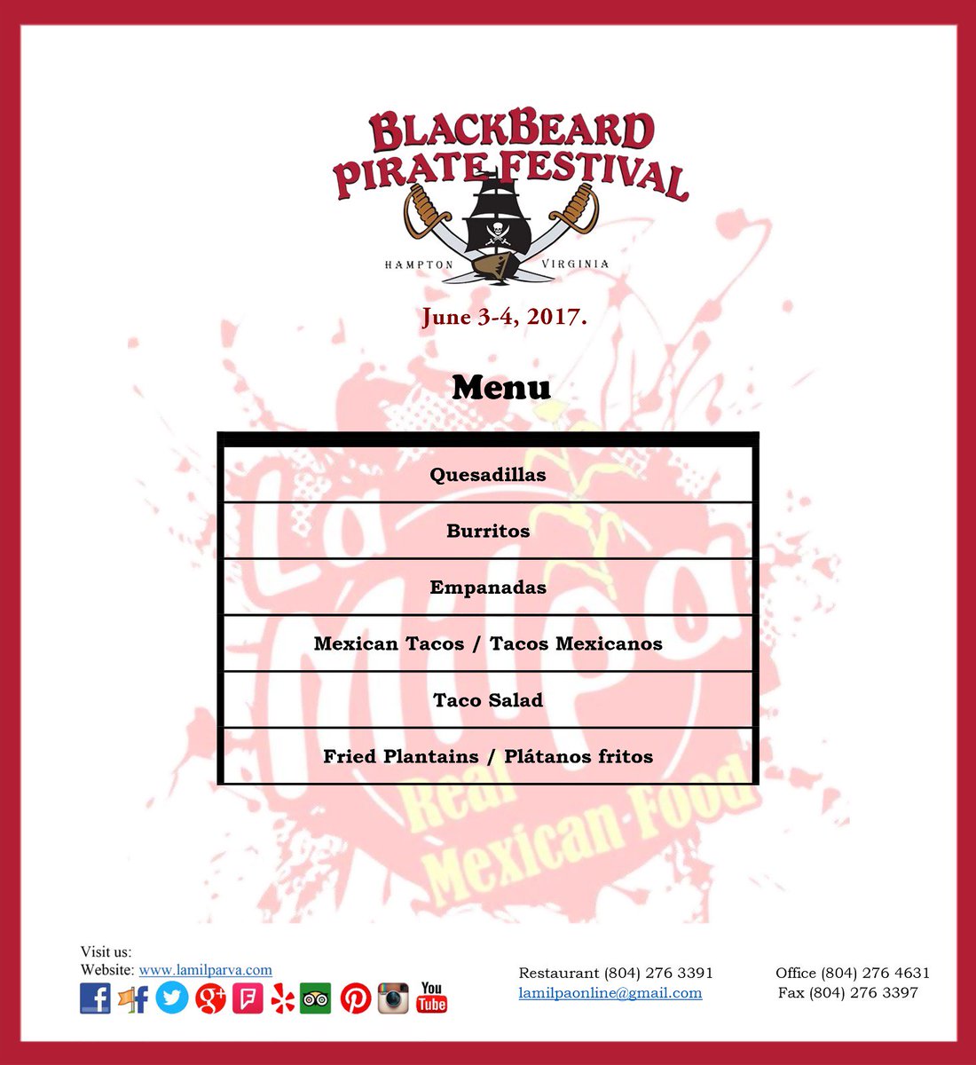 lamilparva's tweet photo. BLACKBEARD #PIRATE #FESTIVAL!
Today from 12-6pm
Know our pirate menu: argh!
#visitHampton #loveVA #Mexicanfood #lovetacos #piratefestival https://t.co/4QEtKwm1Oj