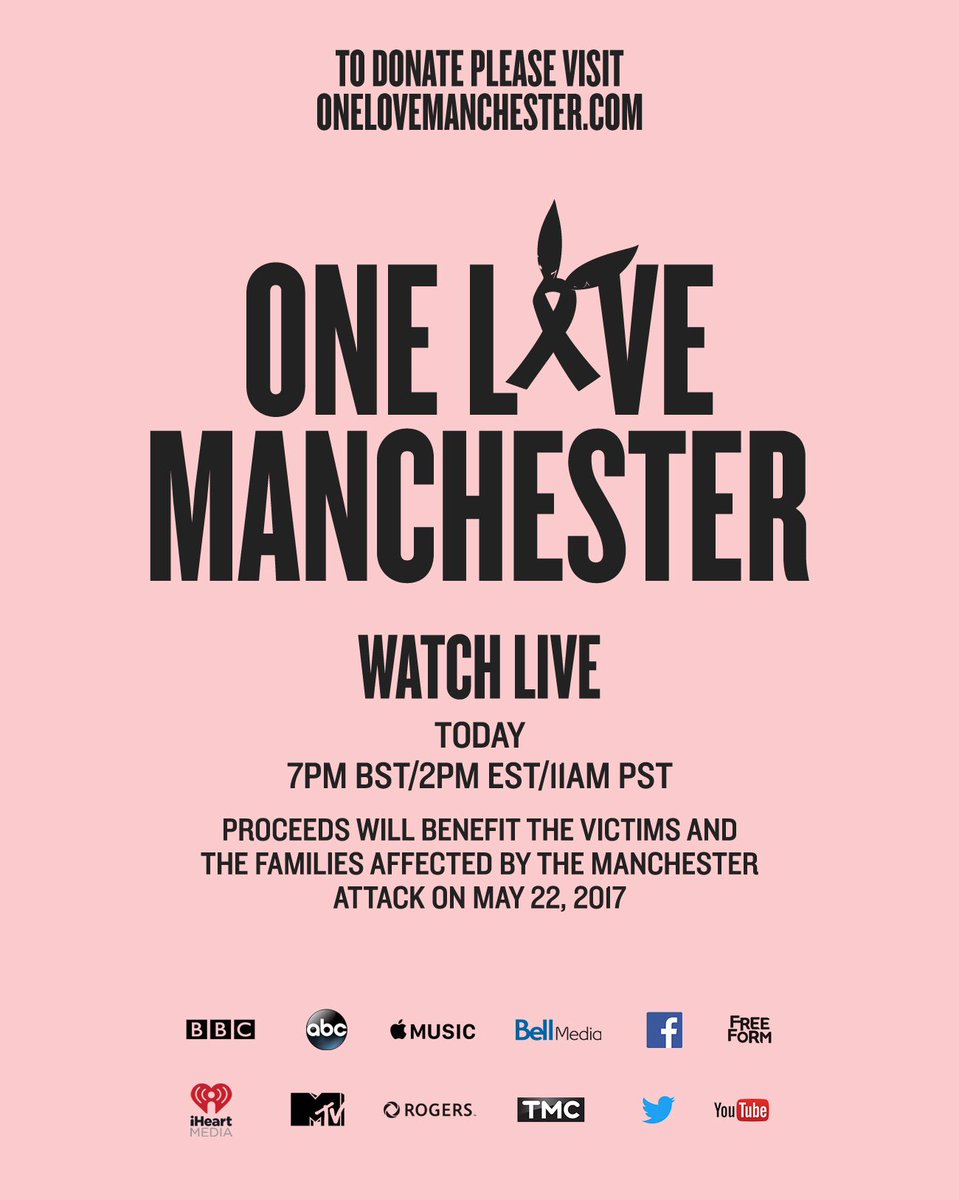 coldplay's tweet photo. Three hours until today's #OneLoveManchester concert, which will stream live worldwide. Get all the info at https://t.co/ioOUT18dm0 A https://t.co/YRzCo5Q76r