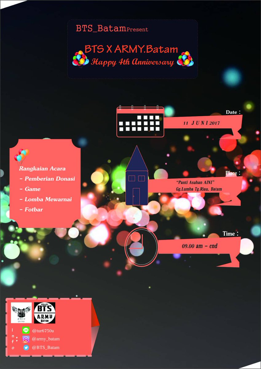 ARMY_Batam's tweet photo. Army Batam event for BTS ANNIV 4th
For more info dm https://t.co/g3s03sWBwF