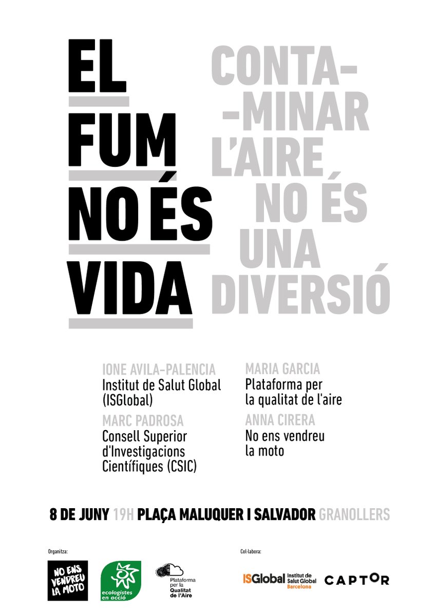 novendreulamoto's tweet photo. Dijous vinent a les 19 parlarem a #Granollers sobre qualitat de l'aire.
Perquè contaminar l'aire no és una diversió
#NoEnsVendreuLaMoto https://t.co/WyRciKdP9W