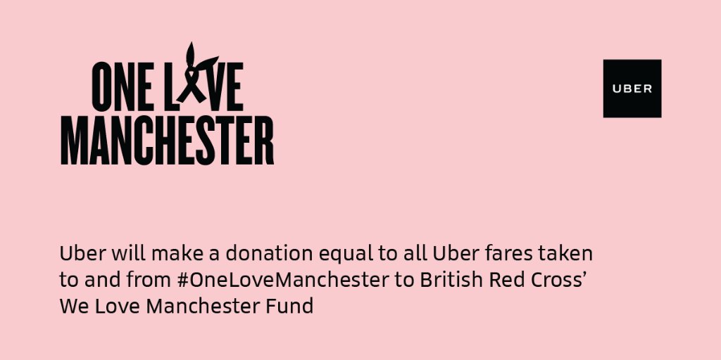 Uber UK (@uberuk) on Twitter photo We'll be matching all fares to & from #OneLoveManchester & donating to <a href="/BritishRedCross/">British Red Cross 🧡</a> #ManchesterEmergencyFund t.uber.com/OneLoveManches… We'll be matching all fares to & from #OneLoveManchester & donating to <a href="/BritishRedCross/">British Red Cross 🧡</a> #ManchesterEmergencyFund t.uber.com/OneLoveManches…