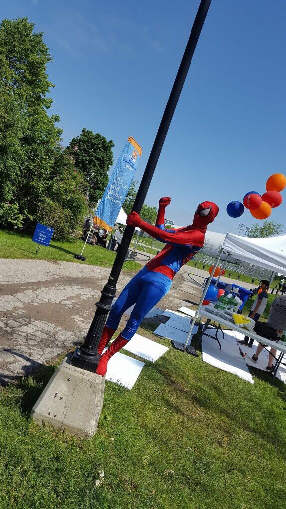 AlexFatehali's tweet photo. Spider Man is here at Waterloo Square #KWawesome for the #wpwalk150 to fight global poverty. Where are you? Free Event. Come join us. https://t.co/7bqIYblQlw