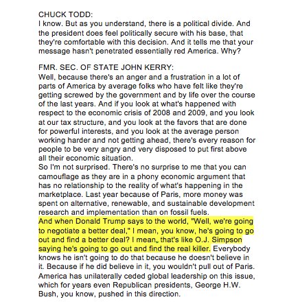 kylegriffin1's tweet photo. John Kerry: When Trump says he'll negotiate better climate deal, it's “like OJ Simpson saying he’s gonna go out &amp; find the real killer” #MTP https://t.co/E8j5onzWBD