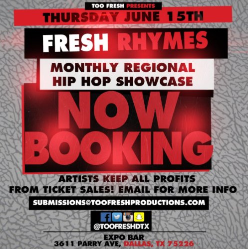 LiveAFus's tweet photo. #NowBooking for July #FreshRhymes. Artists keep all profits from $10 ticket sales! #DallasHipHop #DFWHipHop #DallasMusic https://t.co/Jnk1lzYgjs