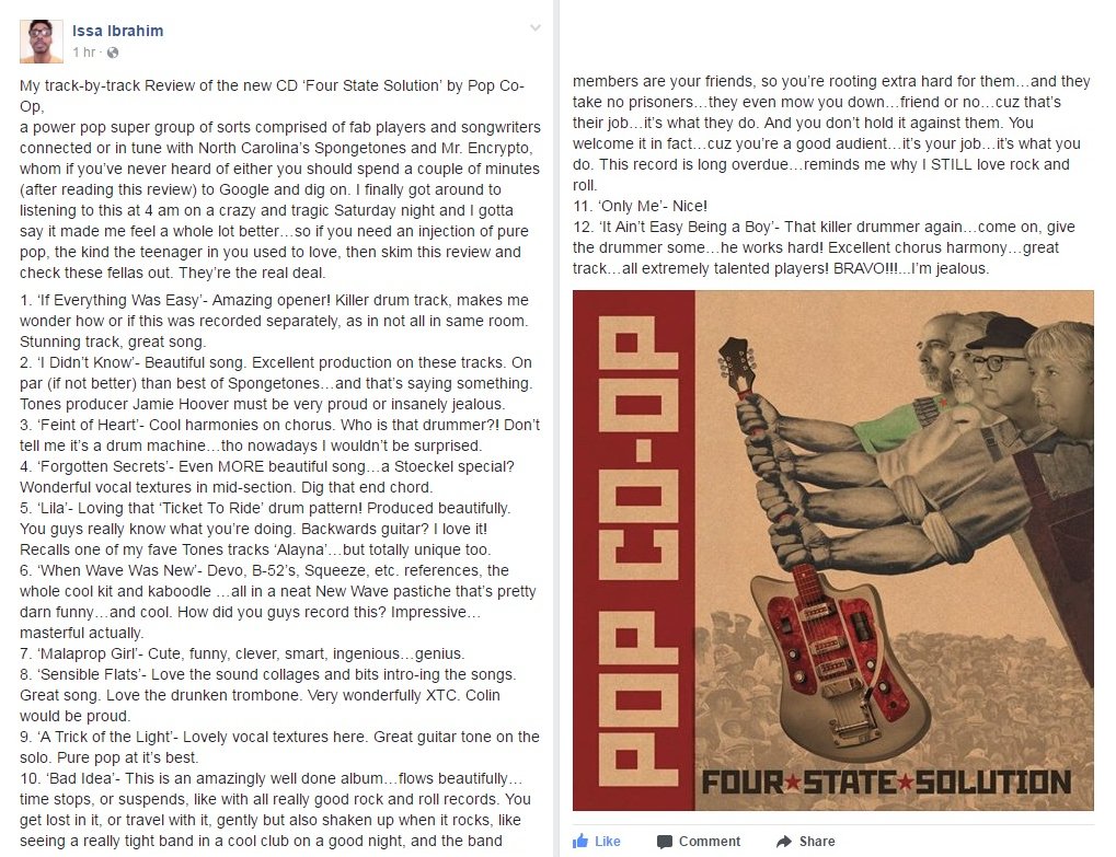 PopCoOpBand's tweet photo. Great #AlbumReview of Four State Solution by #NYCArtist #IssaIbrahim @issaibrahim65 Check out Issa! #Pop #Rock https://t.co/9LQfJBfOLy https://t.co/rsGOAbdPWn