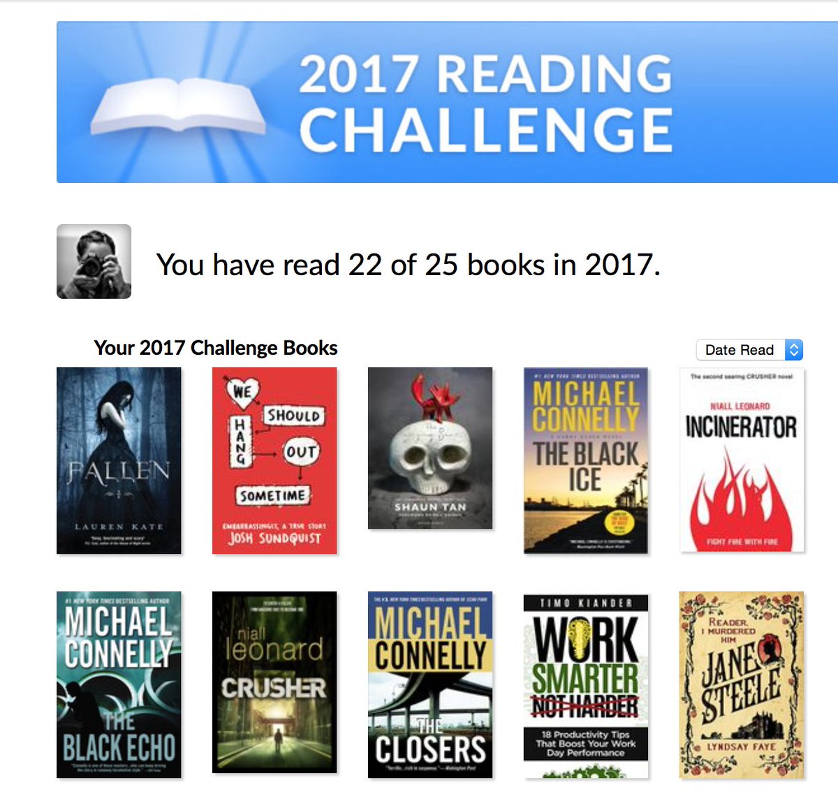 lisarillingale's tweet photo. Behind from last year's challenge but I wasn't in a #TLchat credential program either #Goodreads So many books so little time <sigh> https://t.co/FstmyJrPNJ