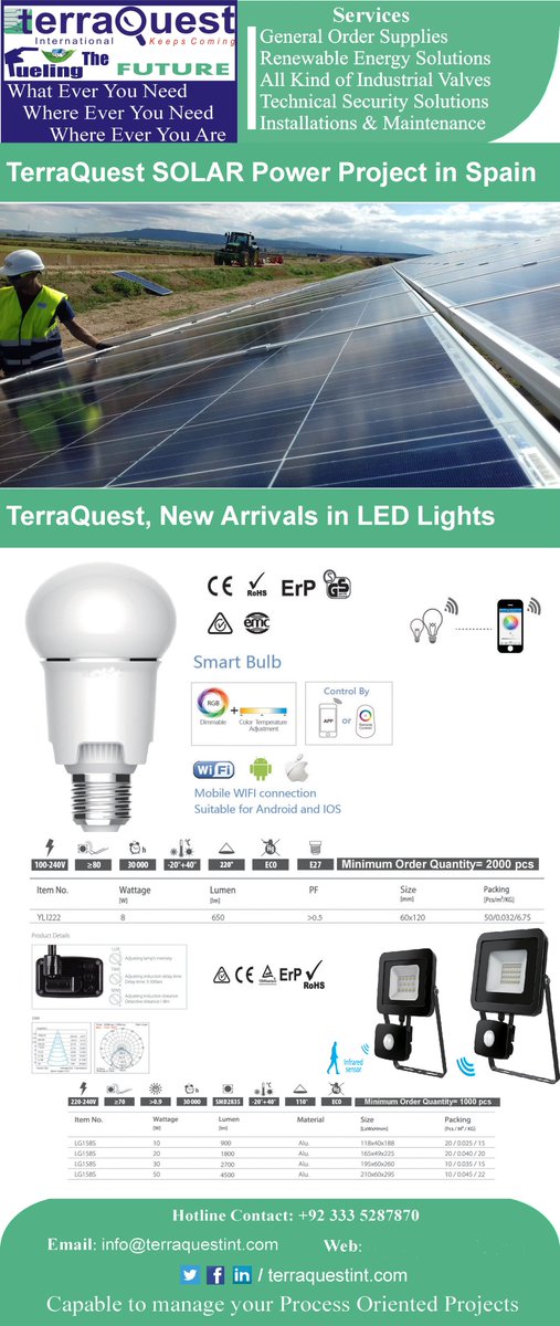 terraquestint's tweet photo. Sustainable #Energy for All
#solar #reneweable #LED #lights #hazardous #valves #terraQuest #international #Islamabad #Pakistan https://t.co/dIcjmowotA