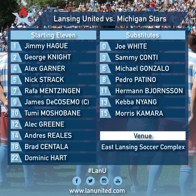 LansingUnited's tweet photo. Here's today's 18. GK Jimmy Hague will make his first start of 2017, Andres Reales back in the midfield. #LanU https://t.co/kcAsWbFtXQ