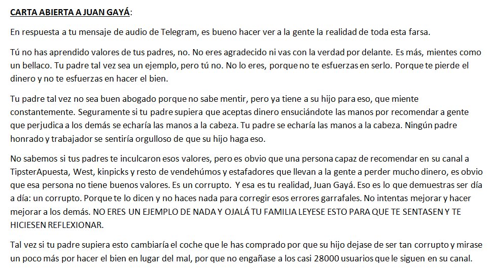 benefits4com's tweet photo. @carry4rose @rojos_apuestas Carta abierta a @juangayatipster en respuesta a su audio de Telegram. Miles de RT, por favor!! Que circule!! https://t.co/jyL0NZS5R1