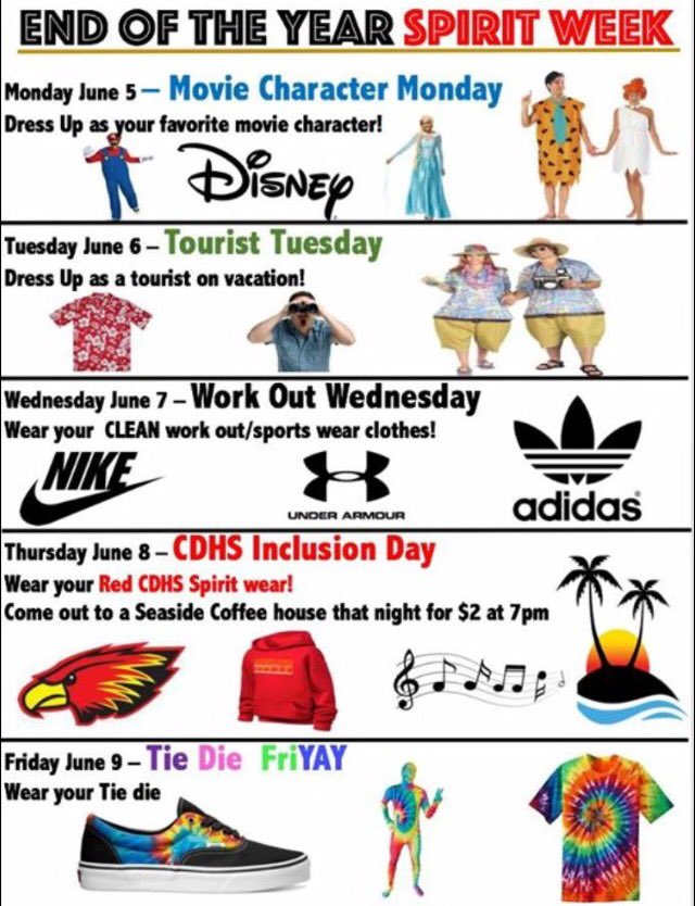 CDHScouncil's tweet photo. Remember CDHS our spirit week starts Tomorrow! Get pumped !!!🔥 https://t.co/OfunvXlVFN