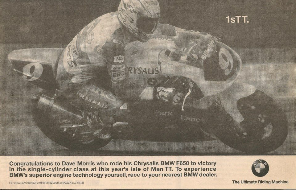 ChrysalisRacing's tweet image. #OnThisDay 20 yrs ago, Dave Morris clinched a 1st @iom_tt win 4 @BMWMotorrad since 1939 on the Chrysalis BMW F650 in the Singles TT #iomtt