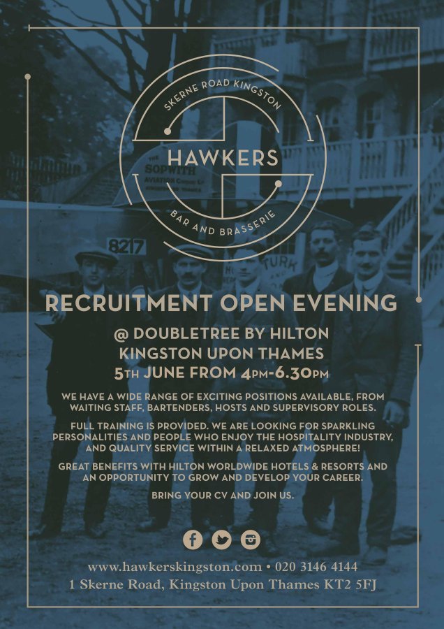 Join <a href="/HawkersKingston/">Hawkers Kingston</a> TOMORROW for their recruitment day 4-6:30pm at <a href="/DoubleTreeKNG/">DoubleTree by Hilton Kingston upon Thames</a>, they want to get to know you! Please RT #kingston #job