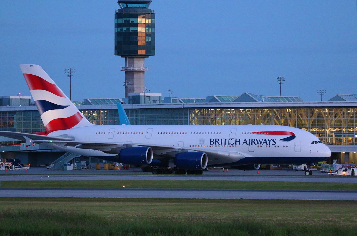 Kent_YVR's tweet photo. .@British_Airways #A380 #twilight push and start @yvrairport departing to #London #Heathrow #yvrspotters #avgeek #Vancouver #A388 #GXLEE https://t.co/jOkIsYQ1hS