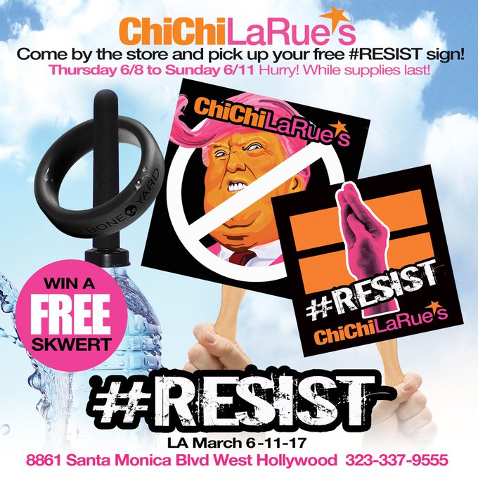 Get a free #ResistMarch sign at @ChiChiLaRues Thurs June 8 @ResistMarch @greghernandez @GayWeHo @WHconfidential
