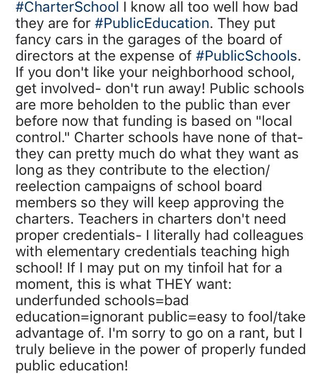 TechCoachKate's tweet photo. Having worked for a #CharterSchool I know... the Power of properly funded #PublicEducation #PublicSchools! #resist #NPE https://t.co/6xvjIHzdoa