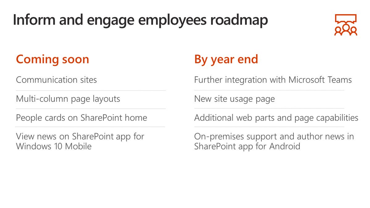 SharePoint's tweet image. ALL new #roadmap slides from #SPSummit. 
@SharePoint @OneDrive @Yammer @OfficeDelve #harness #inform #share #transform