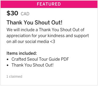 Our featured perk can be claimed for $30 at indiegogo.com/projects/no-si… and you will receive a Thank You Shout Out + A Crafted Seoul Tour Guide!