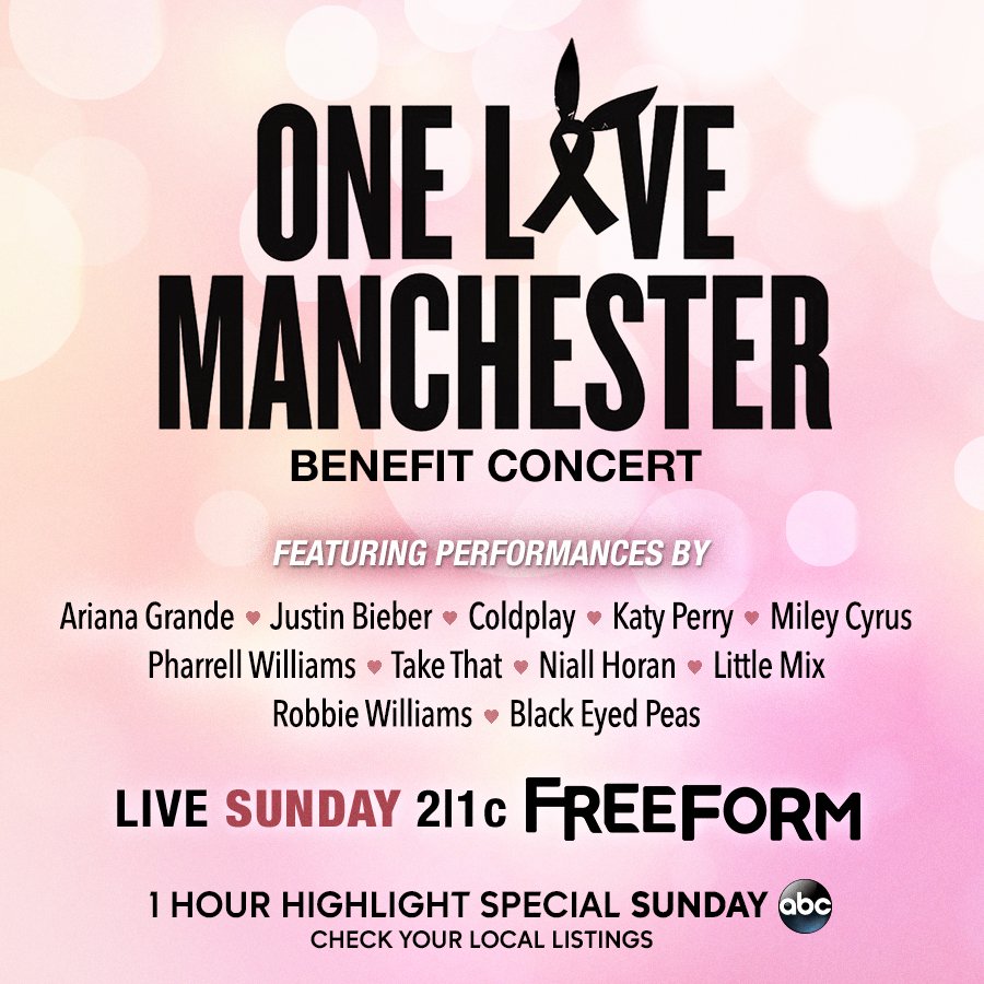 Kat_McNamara's tweet photo. Don't miss the “One Love Manchester” benefit concert today LIVE on @FreeformTV at 2pmEST &amp; see highlights on @ABCNetwork. #WeStandTogether https://t.co/Xaci2rAsjO
