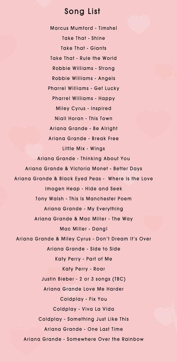 jimincIoud's tweet photo. The real set list! 😍 #OneLoveManchester https://t.co/r4hgMYE1ec
