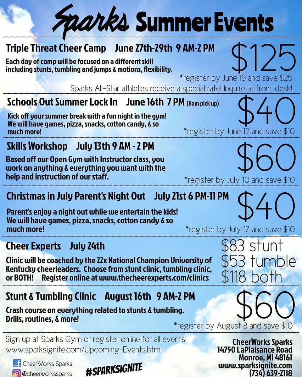 _Sparks_AllStar's tweet photo. Register and pay online or come on in! Don't lose your tricks this summer stuffing your face and giggling at memes. GET IN THE GYM! https://t.co/UgIaqNLcyH