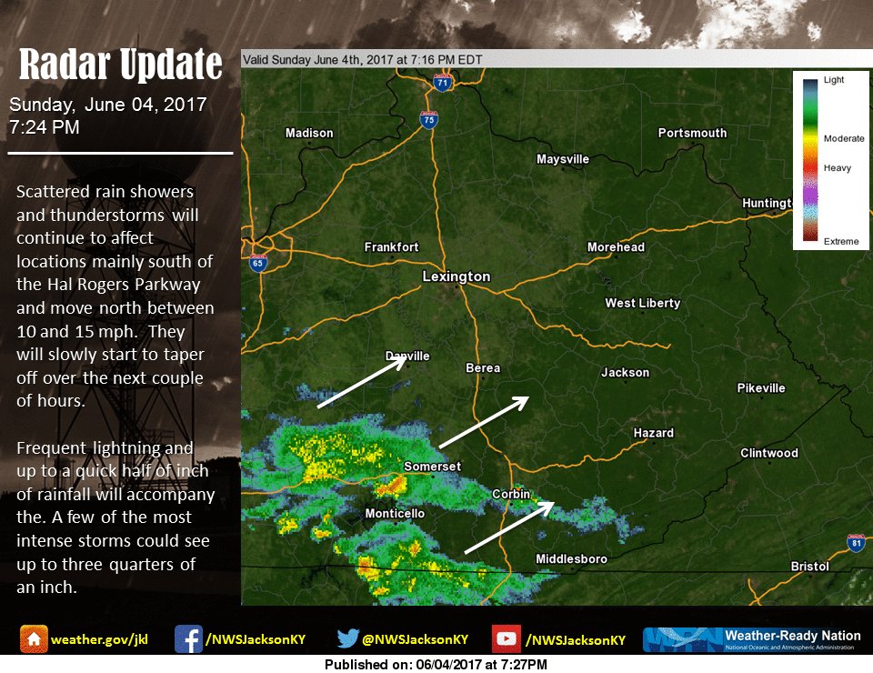 nwsjacksonky's tweet image. Scattered showers/storms will cont mainly S of the Hal Rodgers Pkwy over the next hour. Heavy rain and frequent lightning possible. #kywx