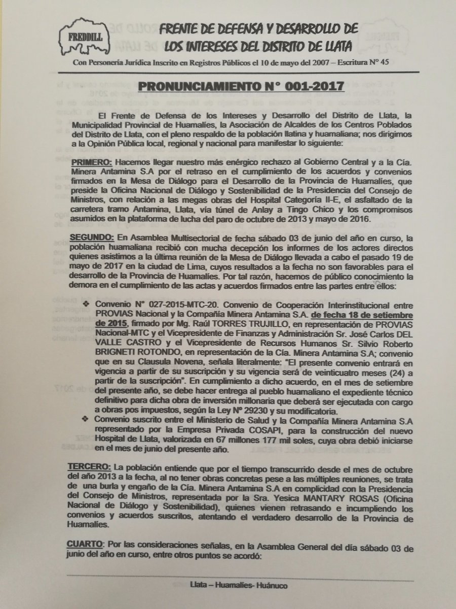ALEGRE_FONSECA's tweet photo. CONGRESISTA BETETA, EL PUEBLO HUAMALIANO-LLATINO SE PRONUNCIA  AL INCUMPLIMIENTO DE ACUERDOS Y CONVENIOS CON ANTAMINA-PCM(ONDS). SOLUCIONES https://t.co/Z9d9yuB1FM