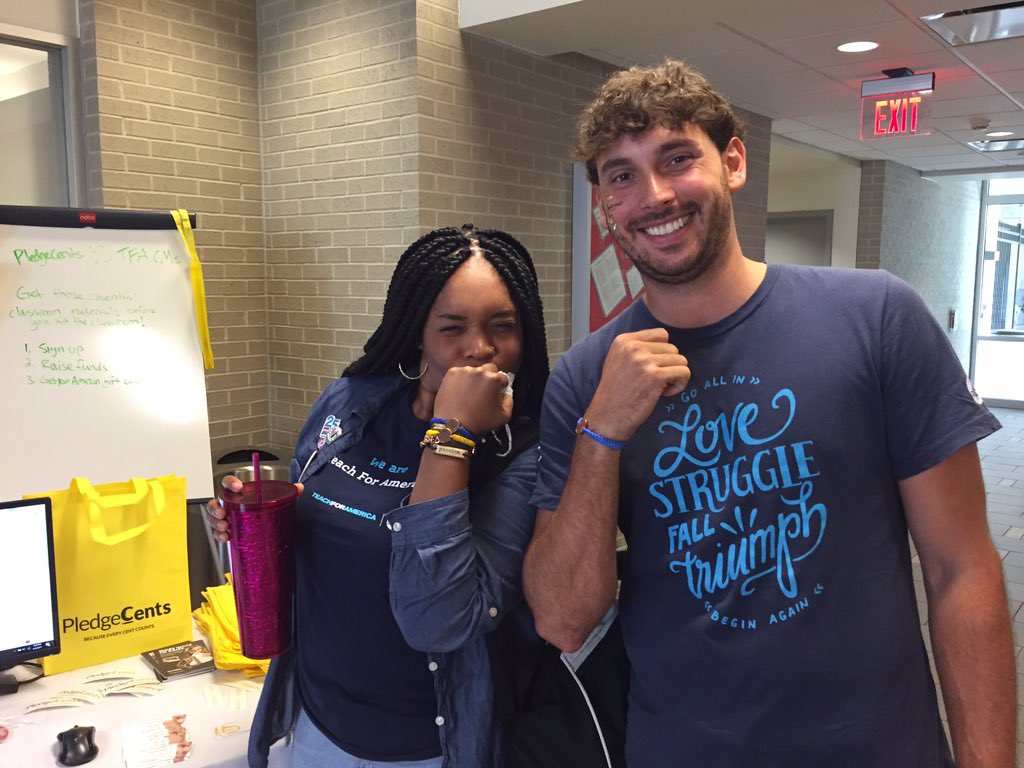 PledgeCents's tweet photo. Our friend met up w/ @RJ_PledgeCents at @teachforamerica Houston who still has her PC bracelet on from last year! Rock on! #TFAhouston https://t.co/s4sCZ1gXPg