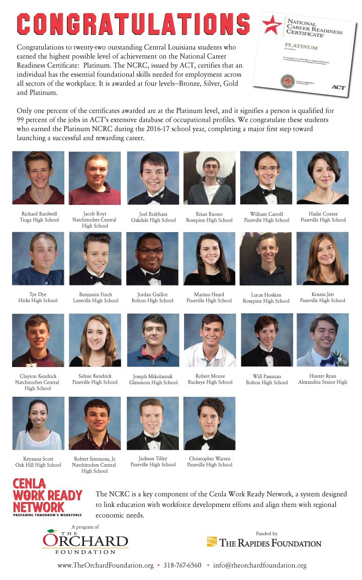 rapides_trf's tweet photo. Congratulations to these 22 Central La. students who earned a Platinum NCRC during the 2016-17 school year. #CenlaWorkReadyNetwork https://t.co/cMYnuM8AAM