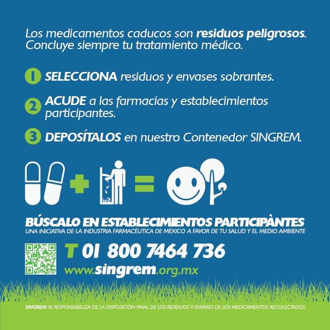 Desecha correctamente los medicamentos sobrantes o caducos en los contenedores del <a href="/singremac/">SINGREM AC</a>.
