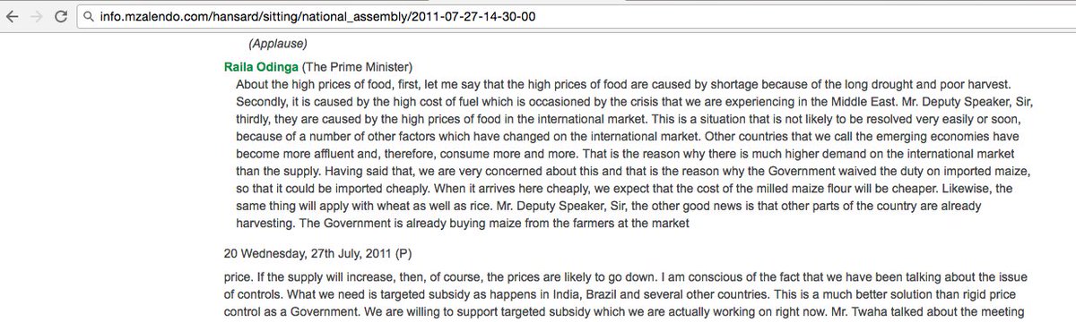 OleItumbi's tweet photo. On 27th July 2011, @RailaOdinga the PM, addressed Parliament on the price of food, waxing lyrical about same things he opposes today https://t.co/xENlvXE0t9