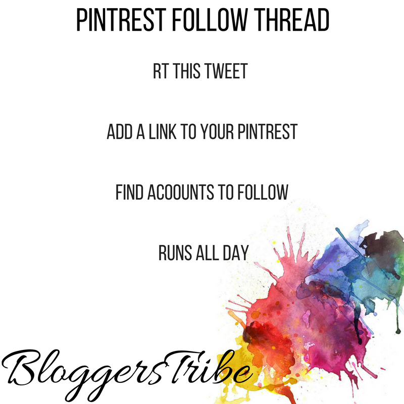 Pintrest Follow Thread 📸
RT This Tweet, Add your link &amp; Find new accounts to follow 😘

Open All Day.
#BloggersTribe