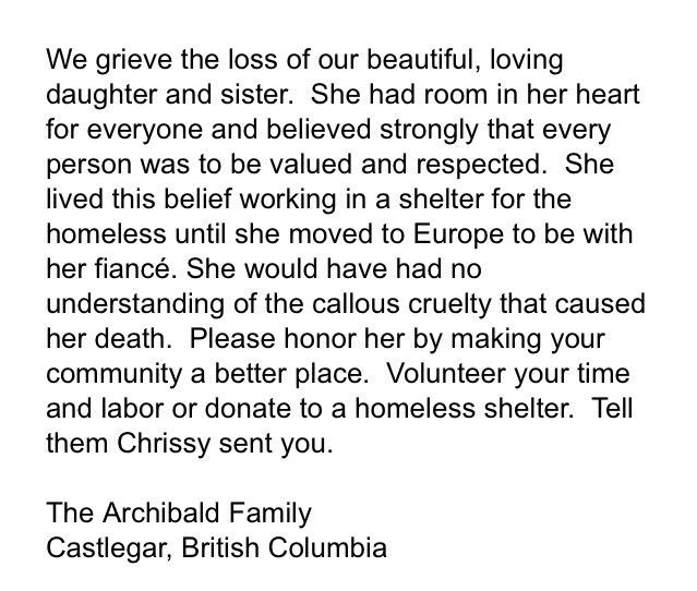 StewartWood's tweet image. A statement from the family of Chrissy Archibald, the first named fatality from the #LondonAttacks. The last three sentences are wonderful.
