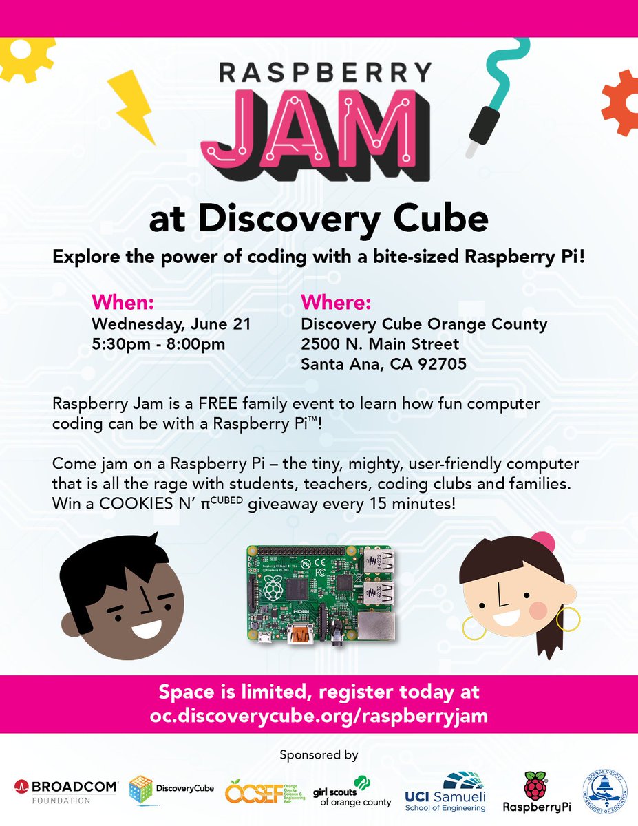 BroadcomSTEM's tweet image. Who&apos;s ready to learn to #code? Come #rjam with us @Raspberry_Pi June 21 @DiscoveryCubeOC @OCDeptofEd @GirlScoutsOC @UCIEngineering