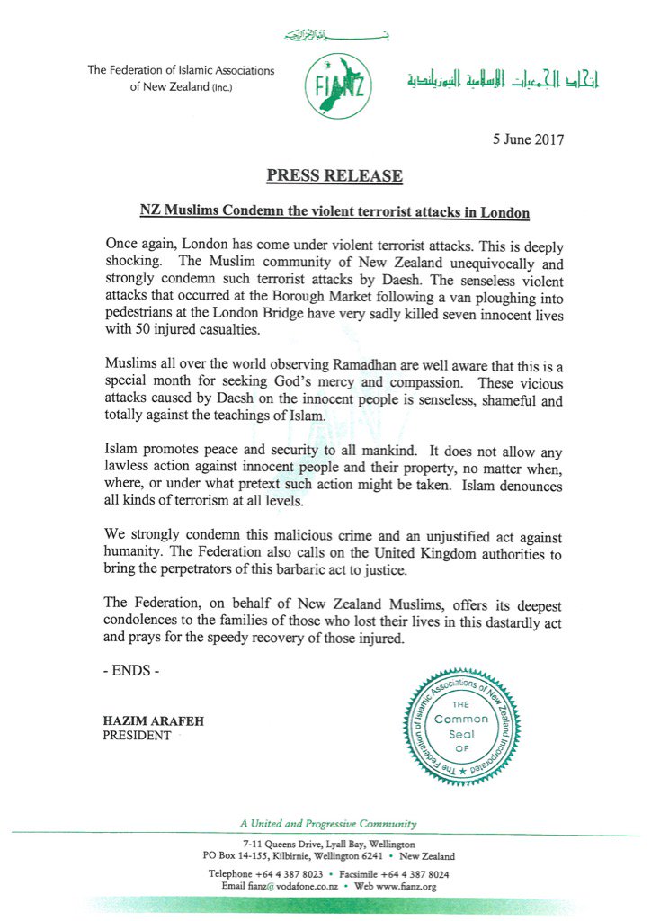 FIANZ PRESS RELEASE ON LONDON ATTACKS