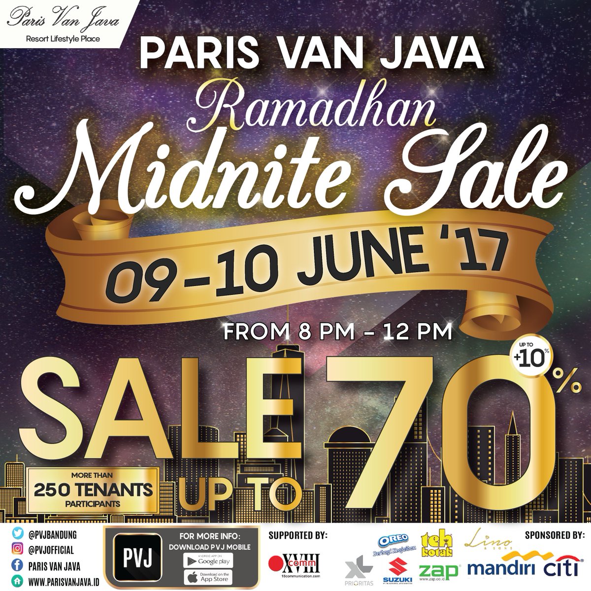 Ada lebih dari 250 brand terkenal yg diskon sampe 70% loh! Dtg ke <a href="/PVJbandung/">Paris Van Java Resort Lifestyle Place</a> 09-10 Juni mulai jam 8 malem ya!