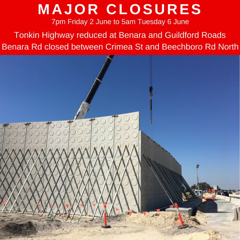 Perth_Traffic's tweet photo. #TonkinHwy #Benara Road and #GuildfordRd closures - 7pm 2 June to 5am 6 June https://t.co/g6NgnpSKqI #perthtraffic #NorthLinkWA https://t.co/P7oPOaEkV8