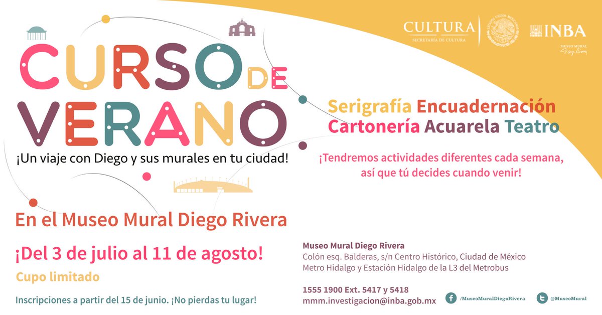 MuseoMural's tweet photo. ¡No se les olvide! #CursoDeVerano inscripciones a partir de #Junio15 en #Taquilla #CupoLimitado ¡No se lo pierdan! 😉 #EventosMMDR https://t.co/XZ7dTHZk9d