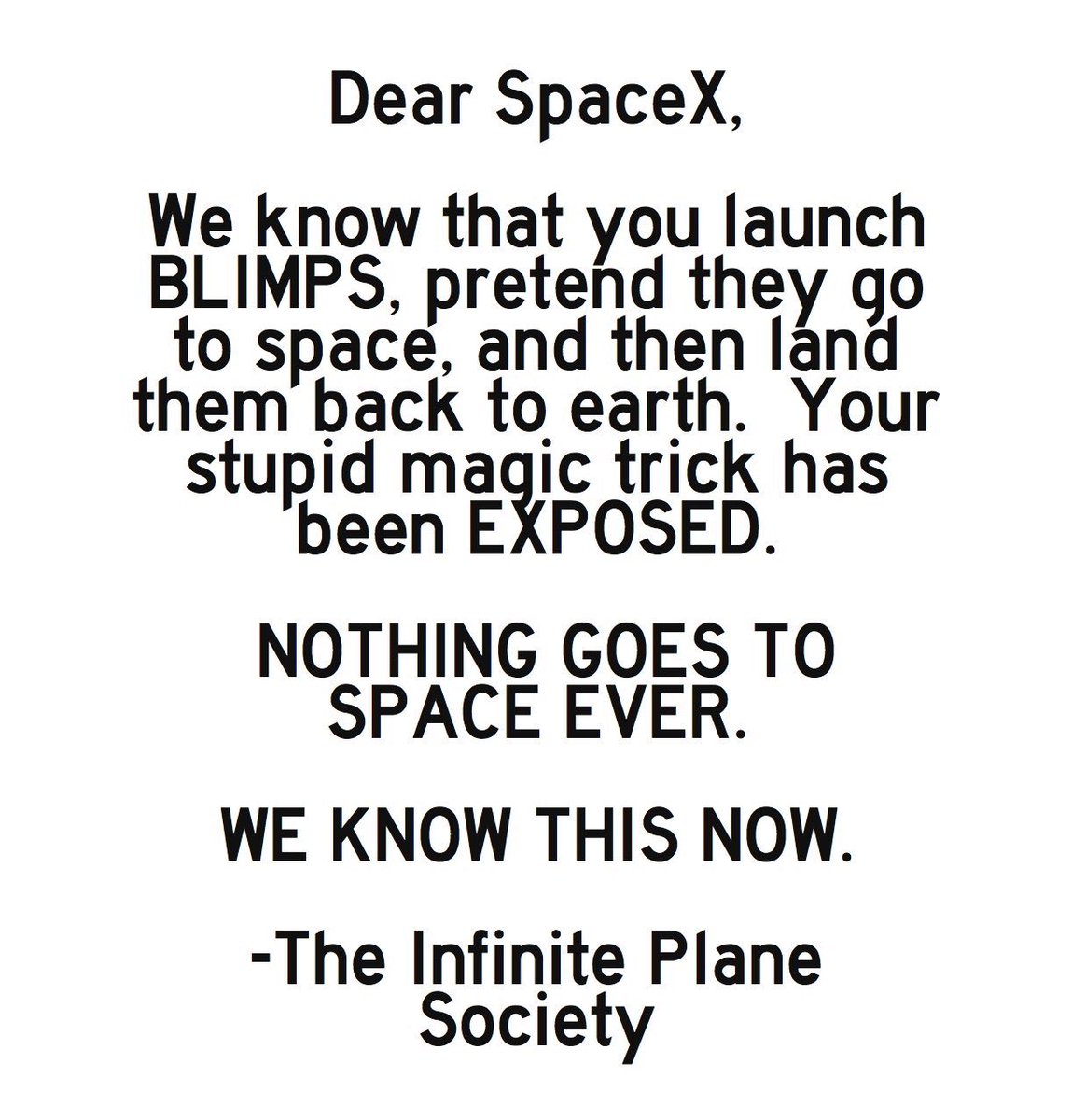 taxi_vancouver's tweet photo. TWITTER IS TRYING TO CENSOR THIS OPEN LETTER TO SPACEX.   🏆SHARE IT EVERYWHERE 🏆#FLATEARTH #1A #freedom #fepe #globexit #blimpX https://t.co/8H0PzExSOV