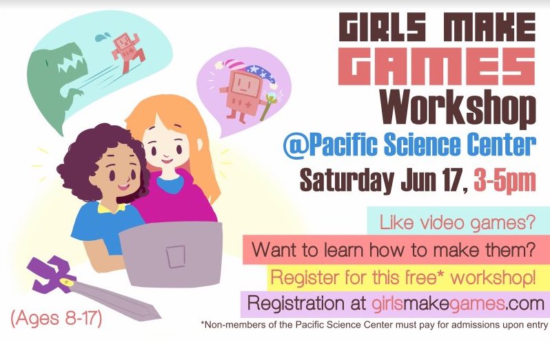 GeekGirlCon's tweet image. Head to @PacSci on Jun 17 for a FREE workshop from @GirlsMakeGames! Register here: bit.ly/1E730fy
