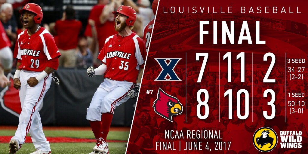 LouisvilleBSB's tweet photo. No.7 Louisville 8, Xavier 7 FINAL, NCAA Regional. @UofLBaseball sweeps Regional, advances to Super Regionals again! #L1C4 #RoadToOmaha https://t.co/lBOcbTGNxu