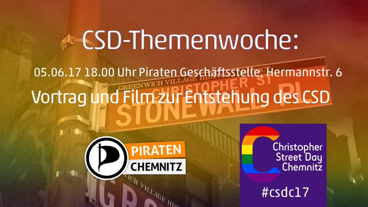 ChemnitzCSD's tweet photo. Heute startet die CSD-Themenwoche. "Vortrag und Film zur Entstehung des CSD" heute um 18 Uhr bei den @piratenchemnitz #csdc17 https://t.co/l9w64re68e